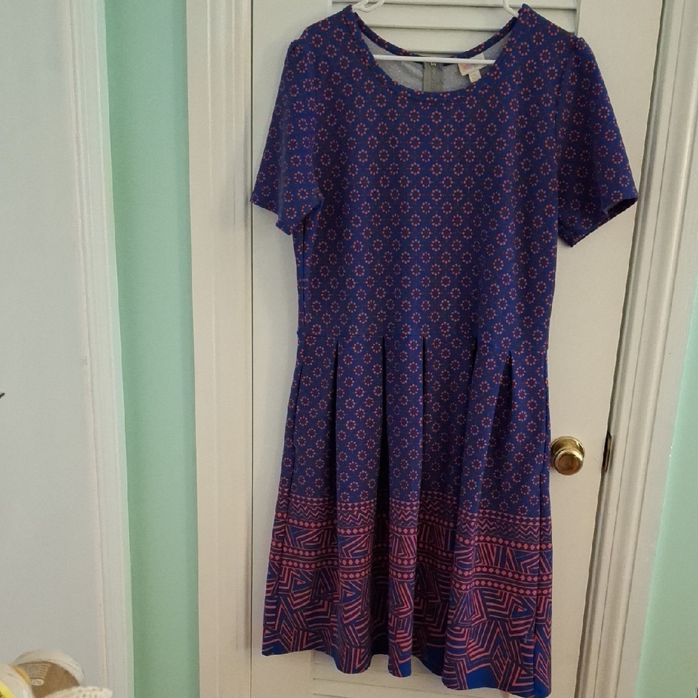 LuLaRoe Geometric Blue and Red Midi Dress